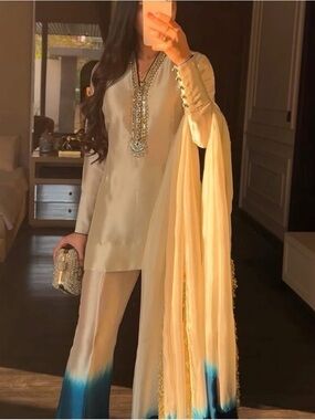 Pakistani sisha silk Elegant Cream Embellished Women's Pant Set with Blue Ombre